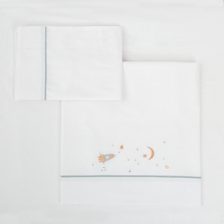 Tríptico sábanas 100% algodón cuna 60x120 Orbit (blanco/azul) de Bimbi