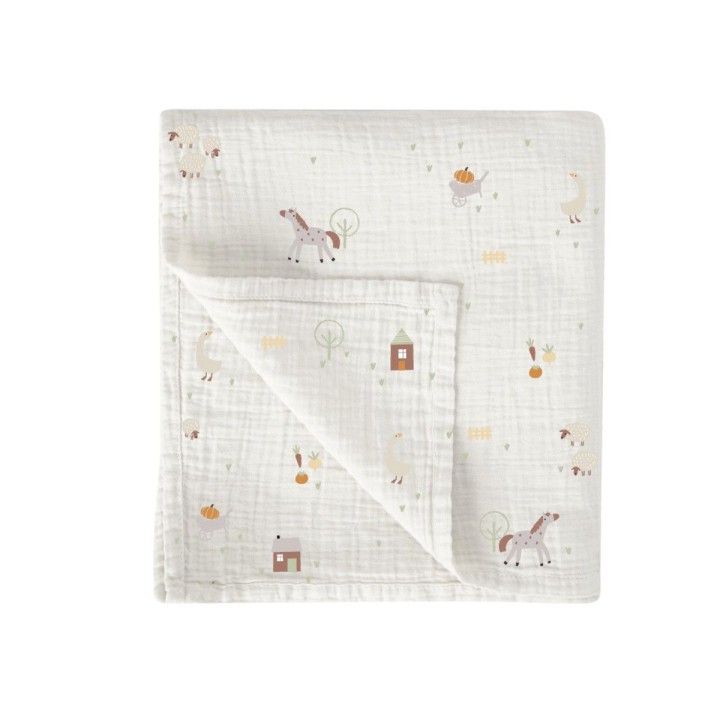 Muselina de bambú 120x120 cm Farm (blanco/lino) de Bimbidreams