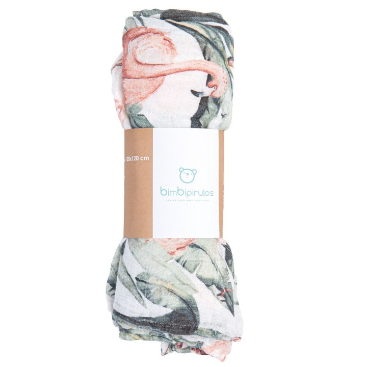 Muselina de bambú 120x120 cm Flamingo (blanco) de Bimbidreams